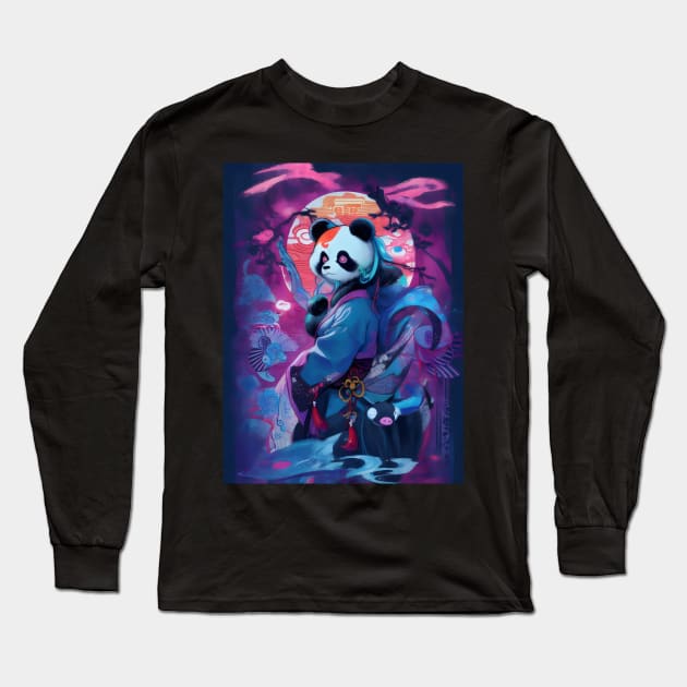 Neon Japanese samurai panda Long Sleeve T-Shirt by Spaceboyishere